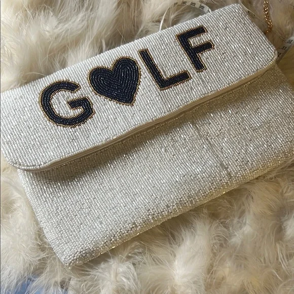 GOLF WIFEY New White & Blue Beaded Clutch Golfers Resort Country Club Vacation - Picture 1 of 16
